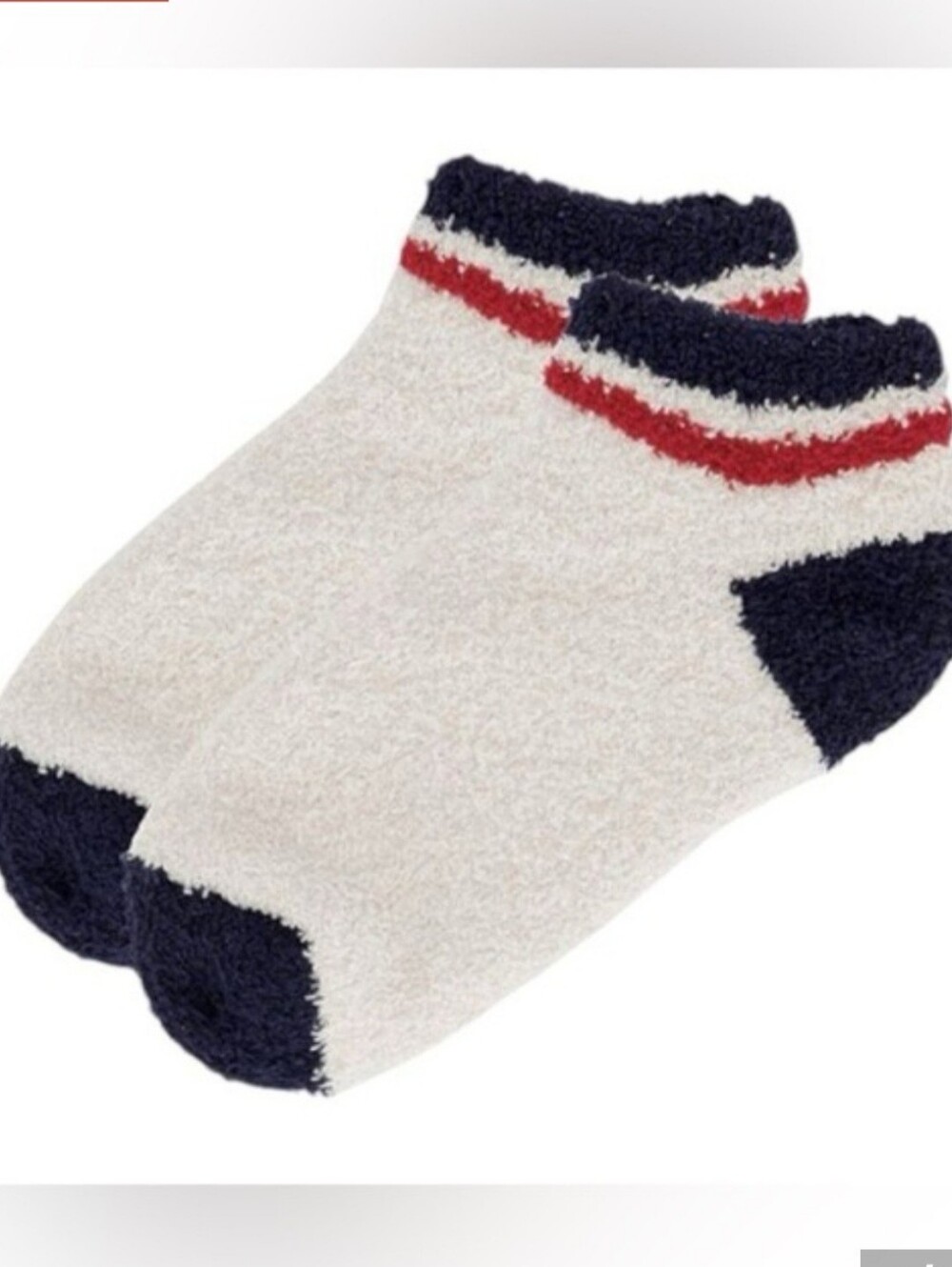 Barefoot Dreams Cozy Low-Cut Socks - Cream with Navy & Red Trim, NWT, Unisex
